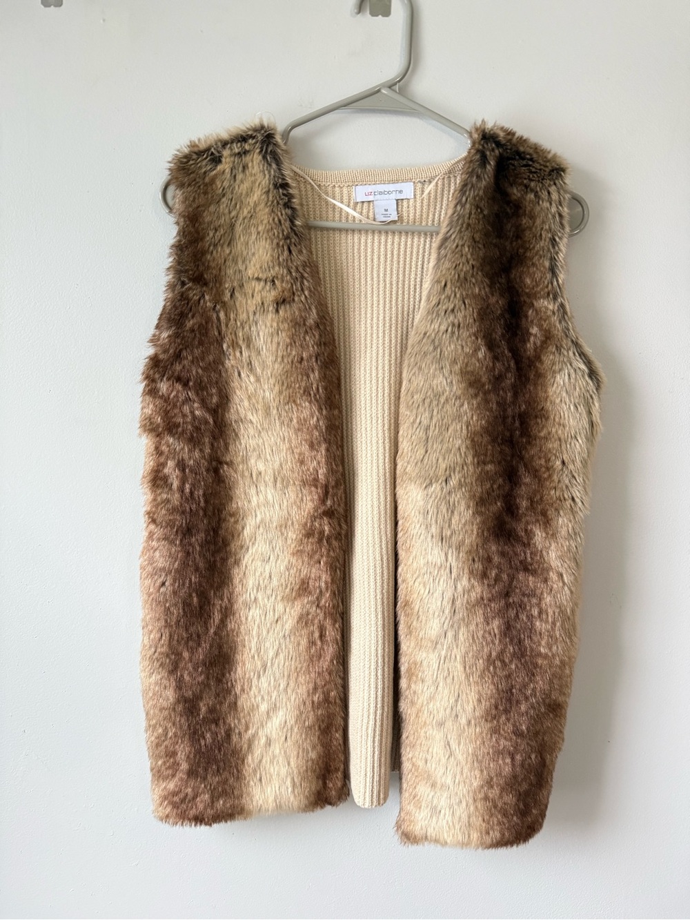 VTG Liz Claiborne Faux Fur Sweater Vest Brown Beige Hippie Boho Size M